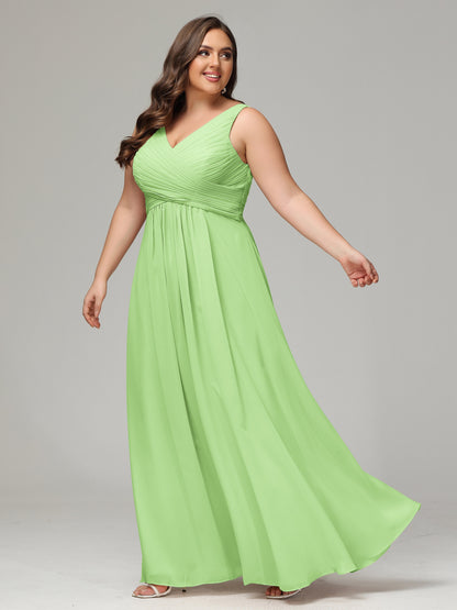 V-neck Straps Chiffon Plus Size Long Bridesmaid Dresses