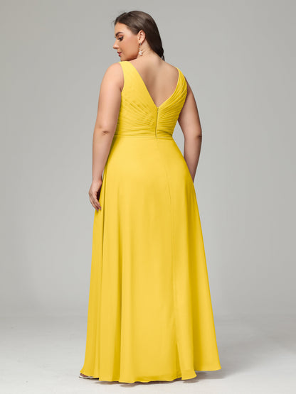 V-neck Straps Chiffon Plus Size Long Bridesmaid Dresses