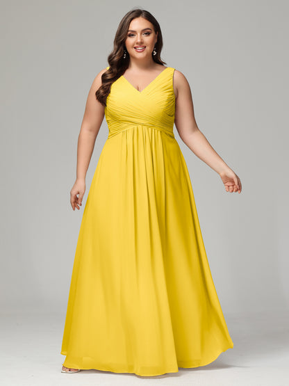 V-neck Straps Chiffon Plus Size Long Bridesmaid Dresses