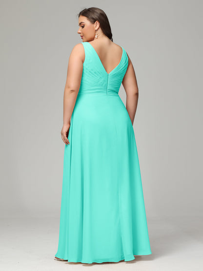 V-neck Straps Chiffon Plus Size Long Bridesmaid Dresses