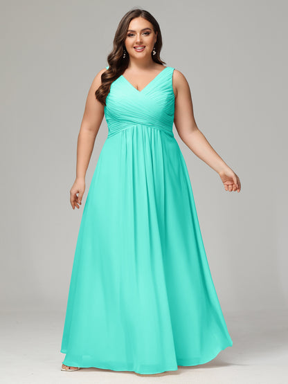 V-neck Straps Chiffon Plus Size Long Bridesmaid Dresses
