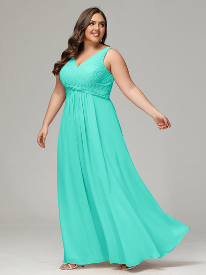 V-neck Straps Chiffon Plus Size Long Bridesmaid Dresses