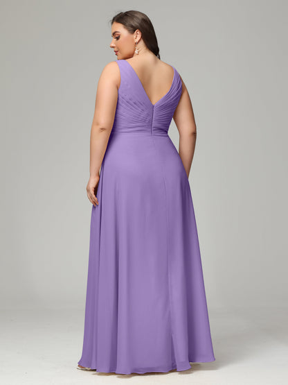 V-neck Straps Chiffon Plus Size Long Bridesmaid Dresses