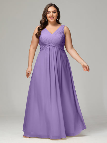 V-neck Straps Chiffon Plus Size Long Bridesmaid Dresses