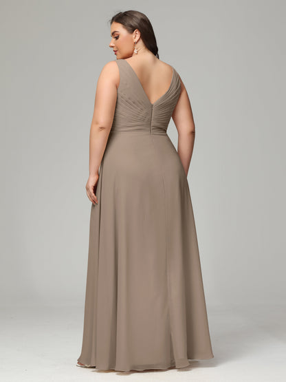 V-neck Straps Chiffon Plus Size Long Bridesmaid Dresses
