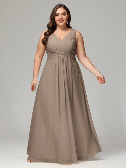 V-neck Straps Chiffon Plus Size Long Bridesmaid Dresses