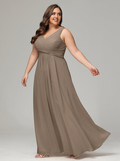 V-neck Straps Chiffon Plus Size Long Bridesmaid Dresses