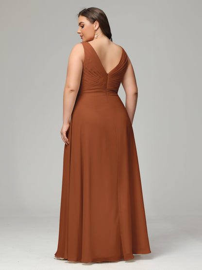 V-neck Straps Chiffon Plus Size Long Bridesmaid Dresses