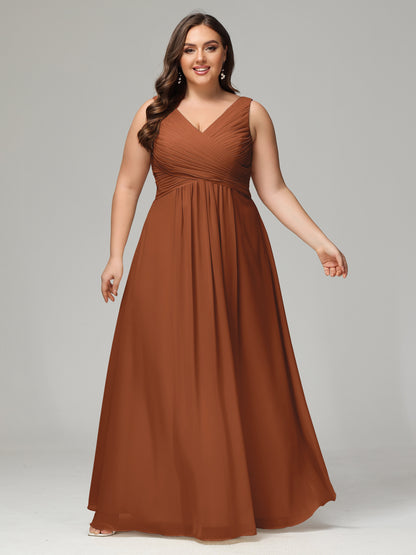 V-neck Straps Chiffon Plus Size Long Bridesmaid Dresses