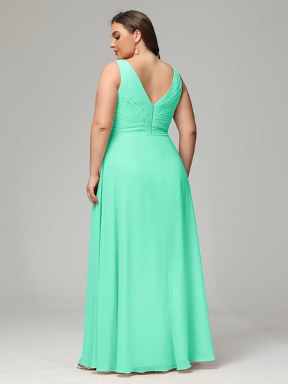 V-neck Straps Chiffon Plus Size Long Bridesmaid Dresses