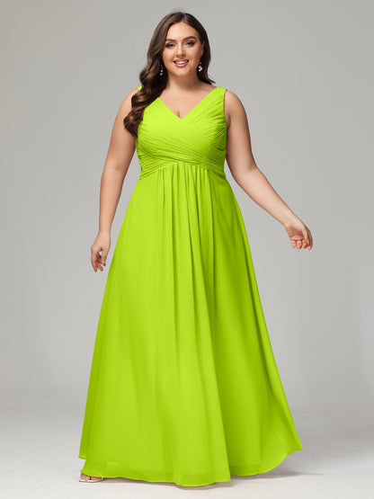 V-neck Straps Chiffon Plus Size Long Bridesmaid Dresses