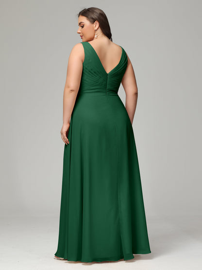 V-neck Straps Chiffon Plus Size Long Bridesmaid Dresses