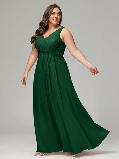 V-neck Straps Chiffon Plus Size Long Bridesmaid Dresses