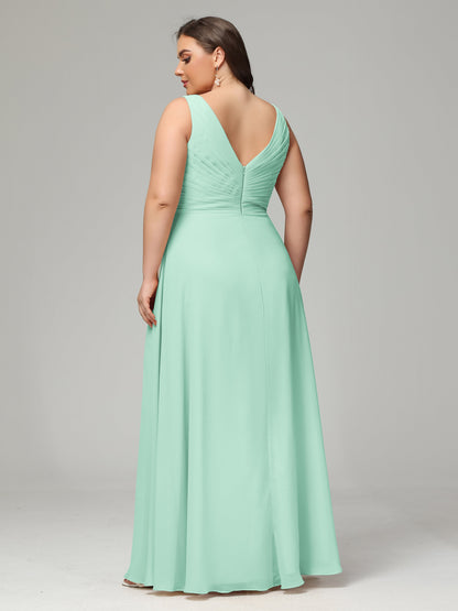 V-neck Straps Chiffon Plus Size Long Bridesmaid Dresses