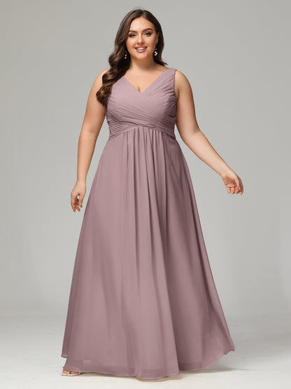 V-neck Straps Chiffon Plus Size Long Bridesmaid Dresses
