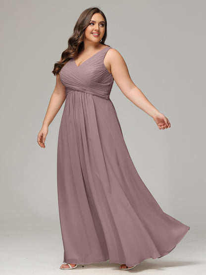 V-neck Straps Chiffon Plus Size Long Bridesmaid Dresses