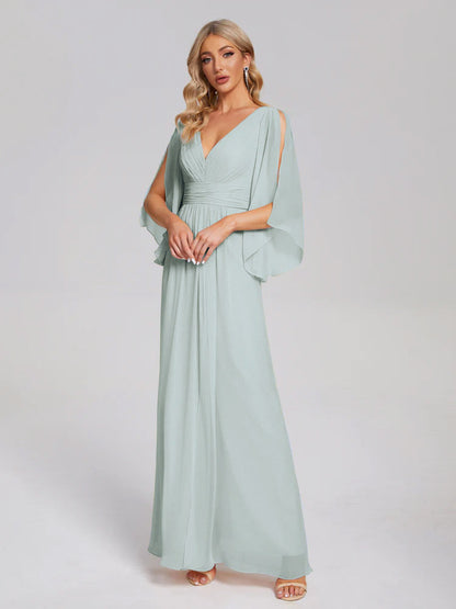 Fatima V-neck Ruffles Long Chiffon Bridesmaid Dress with Slit