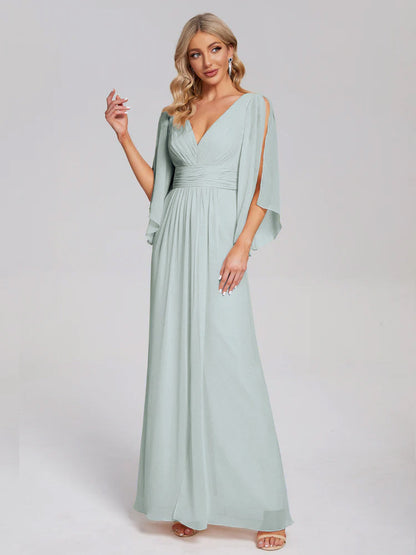 Fatima V-neck Ruffles Long Chiffon Bridesmaid Dress with Slit
