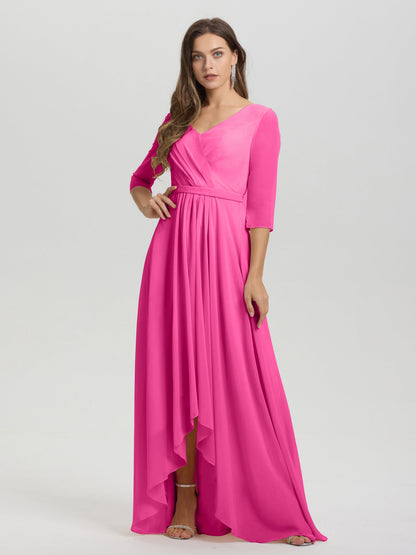 Flowy 3/4 Sleeves V-Neck Asymmetrical High Low Chiffon Bridesmaid Dress