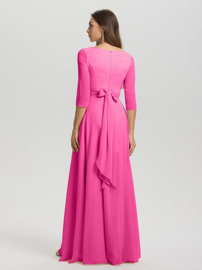 Flowy 3/4 Sleeves V-Neck Asymmetrical High Low Chiffon Bridesmaid Dress