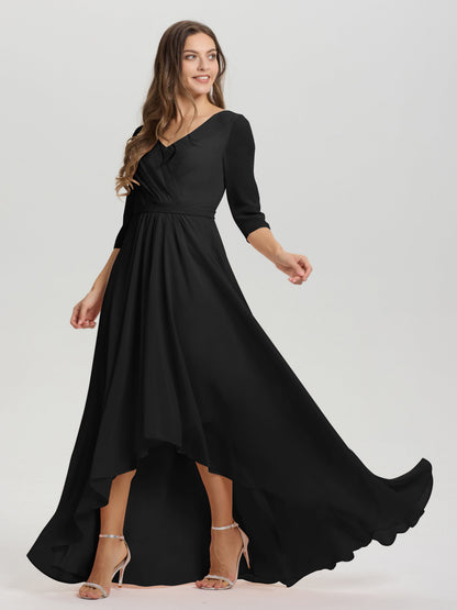 Flowy 3/4 Sleeves V-Neck Asymmetrical High Low Chiffon Bridesmaid Dress
