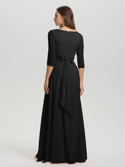 Flowy 3/4 Sleeves V-Neck Asymmetrical High Low Chiffon Bridesmaid Dress
