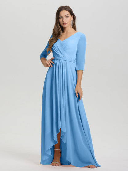 Flowy 3/4 Sleeves V-Neck Asymmetrical High Low Chiffon Bridesmaid Dress