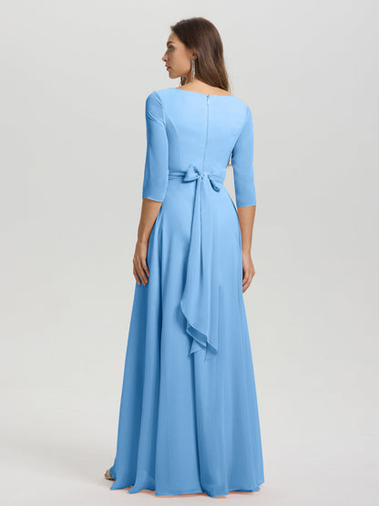 Flowy 3/4 Sleeves V-Neck Asymmetrical High Low Chiffon Bridesmaid Dress