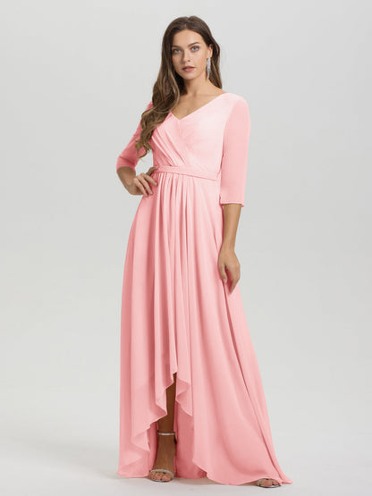 Flowy 3/4 Sleeves V-Neck Asymmetrical High Low Chiffon Bridesmaid Dress