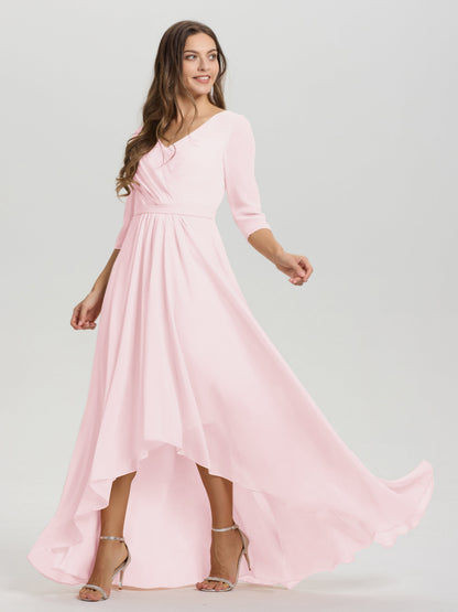 Flowy 3/4 Sleeves V-Neck Asymmetrical High Low Chiffon Bridesmaid Dress