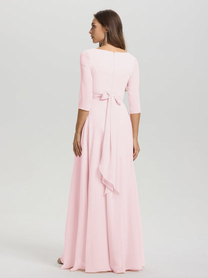 Flowy 3/4 Sleeves V-Neck Asymmetrical High Low Chiffon Bridesmaid Dress