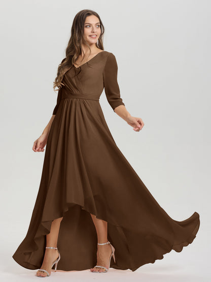 Flowy 3/4 Sleeves V-Neck Asymmetrical High Low Chiffon Bridesmaid Dress