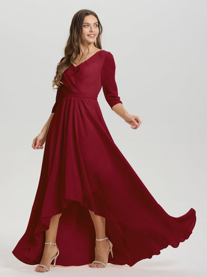 Flowy 3/4 Sleeves V-Neck Asymmetrical High Low Chiffon Bridesmaid Dress