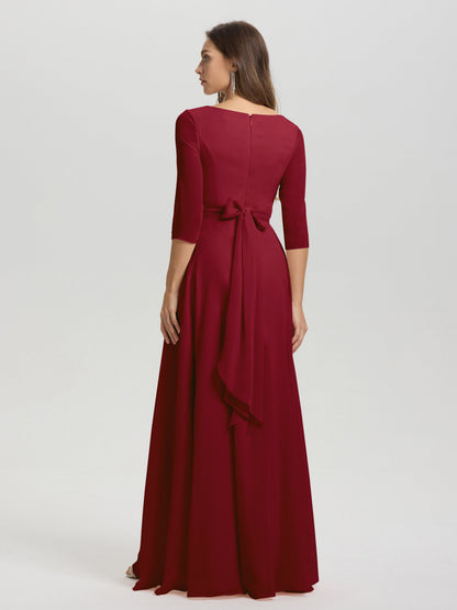Flowy 3/4 Sleeves V-Neck Asymmetrical High Low Chiffon Bridesmaid Dress