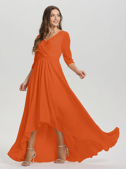 Flowy 3/4 Sleeves V-Neck Asymmetrical High Low Chiffon Bridesmaid Dress