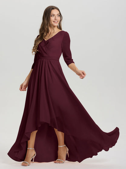 Flowy 3/4 Sleeves V-Neck Asymmetrical High Low Chiffon Bridesmaid Dress