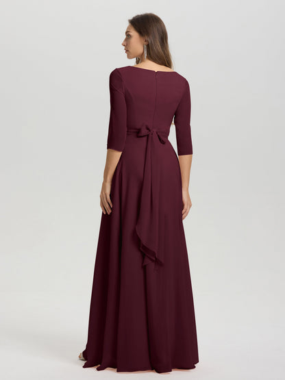 Flowy 3/4 Sleeves V-Neck Asymmetrical High Low Chiffon Bridesmaid Dress