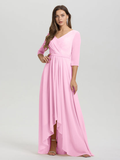 Flowy 3/4 Sleeves V-Neck Asymmetrical High Low Chiffon Bridesmaid Dress