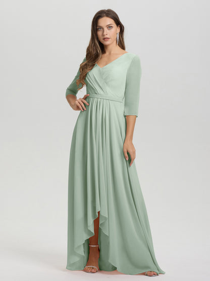 Flowy 3/4 Sleeves V-Neck Asymmetrical High Low Chiffon Bridesmaid Dress