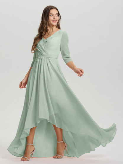 Flowy 3/4 Sleeves V-Neck Asymmetrical High Low Chiffon Bridesmaid Dress