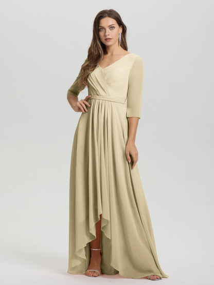 Flowy 3/4 Sleeves V-Neck Asymmetrical High Low Chiffon Bridesmaid Dress