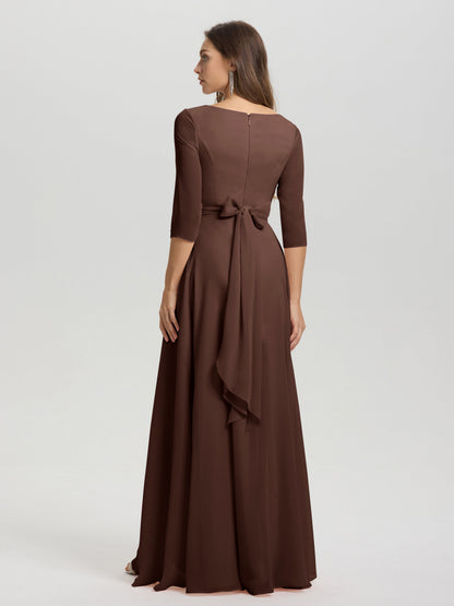 Flowy 3/4 Sleeves V-Neck Asymmetrical High Low Chiffon Bridesmaid Dress
