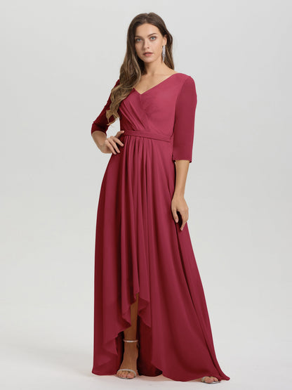 Flowy 3/4 Sleeves V-Neck Asymmetrical High Low Chiffon Bridesmaid Dress