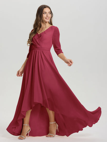 Flowy 3/4 Sleeves V-Neck Asymmetrical High Low Chiffon Bridesmaid Dress