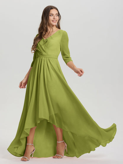 Flowy 3/4 Sleeves V-Neck Asymmetrical High Low Chiffon Bridesmaid Dress