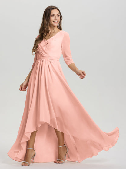Flowy 3/4 Sleeves V-Neck Asymmetrical High Low Chiffon Bridesmaid Dress
