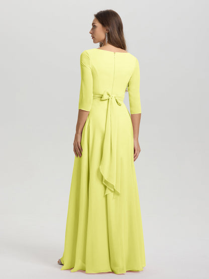 Flowy 3/4 Sleeves V-Neck Asymmetrical High Low Chiffon Bridesmaid Dress