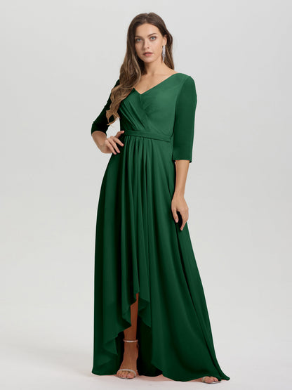 Flowy 3/4 Sleeves V-Neck Asymmetrical High Low Chiffon Bridesmaid Dress