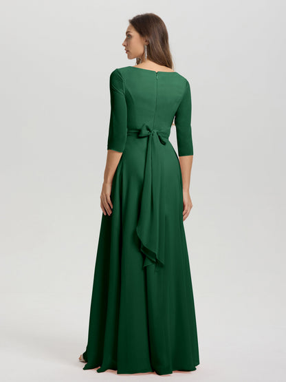 Flowy 3/4 Sleeves V-Neck Asymmetrical High Low Chiffon Bridesmaid Dress