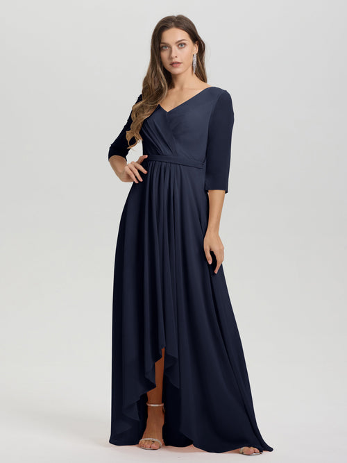 Flowy 3/4 Sleeves V-Neck Asymmetrical High Low Chiffon Bridesmaid Dress